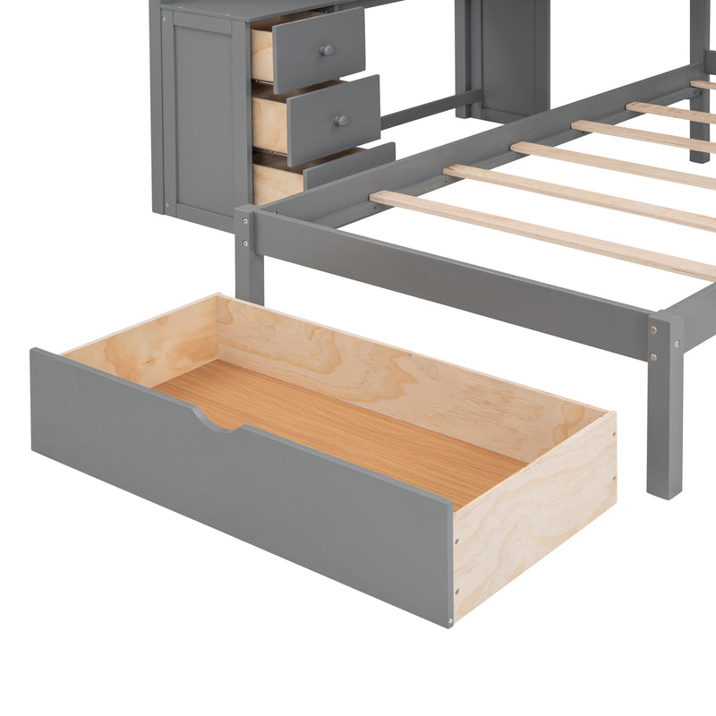 Fabletown Loft Full Over Twin Bunk Bed with Desk, Drawers, Stairs, and Integrated Dresser in Grey 98"L x 80"W x 64.5"H