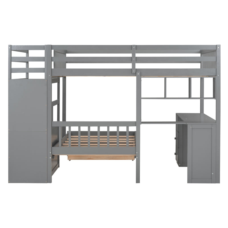 Fabletown Loft Full Over Twin Bunk Bed with Desk, Drawers, Stairs, and Integrated Dresser in Grey 98"L x 80"W x 64.5"H