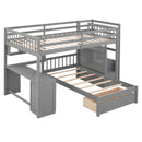 Fabletown Loft Full Over Twin Bunk Bed with Desk, Drawers, Stairs, and Integrated Dresser in Grey 98"L x 80"W x 64.5"H