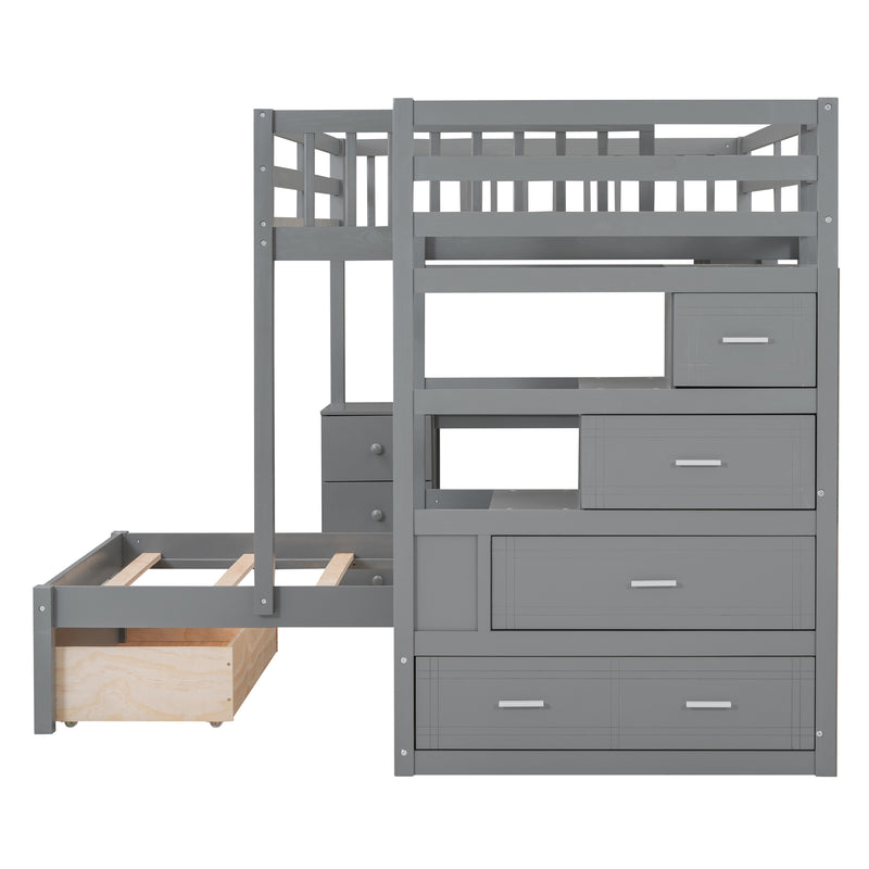 Fabletown Loft Full Over Twin Bunk Bed with Desk, Drawers, Stairs, and Integrated Dresser in Grey 98"L x 80"W x 64.5"H