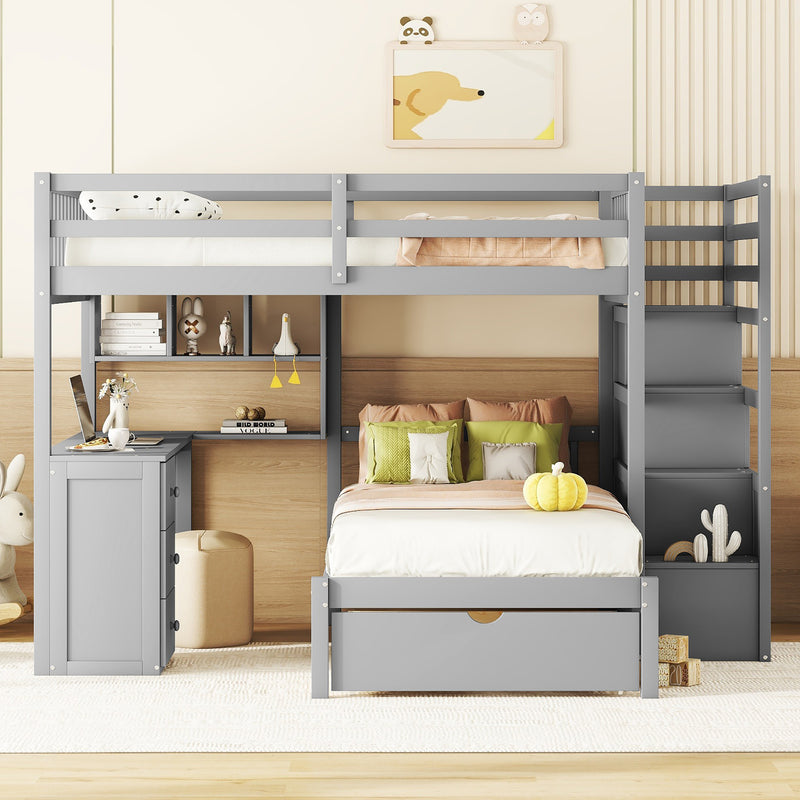 Fabletown Loft Full Over Twin Bunk Bed with Desk, Drawers, Stairs, and Integrated Dresser in Grey 98"L x 80"W x 64.5"H
