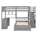 Fabletown Loft Full Over Twin Bunk Bed with Desk, Drawers, Stairs, and Integrated Dresser in Grey 98"L x 80"W x 64.5"H