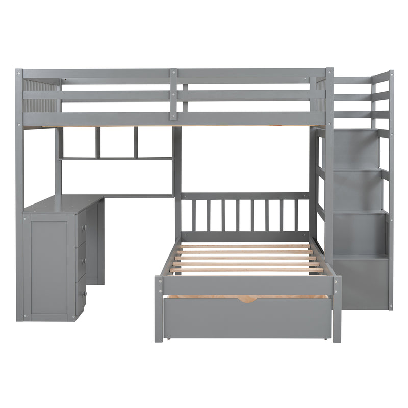 Fabletown Loft Full Over Twin Bunk Bed with Desk, Drawers, Stairs, and Integrated Dresser in Grey 98"L x 80"W x 64.5"H