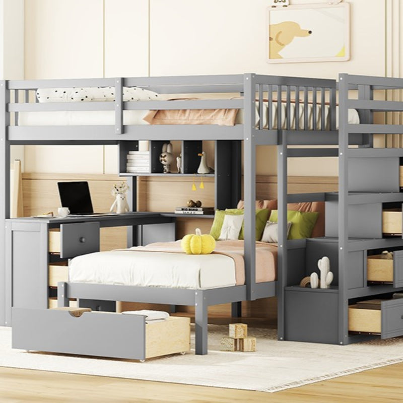 Fabletown Loft Full Over Twin Bunk Bed with Desk, Drawers, Stairs, and Integrated Dresser in Grey 98"L x 80"W x 64.5"H