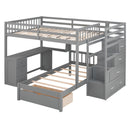 Fabletown Loft Full Over Twin Bunk Bed with Desk, Drawers, Stairs, and Integrated Dresser in Grey 98"L x 80"W x 64.5"H