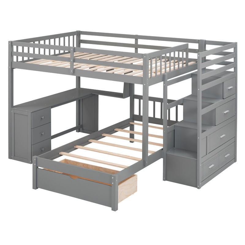 Fabletown Loft Full Over Twin Bunk Bed with Desk, Drawers, Stairs, and Integrated Dresser in Grey 98"L x 80"W x 64.5"H