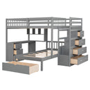 Fabletown Loft Full Over Twin Bunk Bed with Desk, Drawers, Stairs, and Integrated Dresser in Grey 98"L x 80"W x 64.5"H