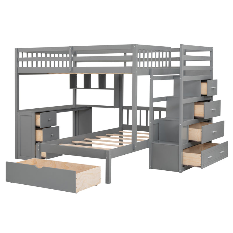 Fabletown Loft Full Over Twin Bunk Bed with Desk, Drawers, Stairs, and Integrated Dresser in Grey 98"L x 80"W x 64.5"H