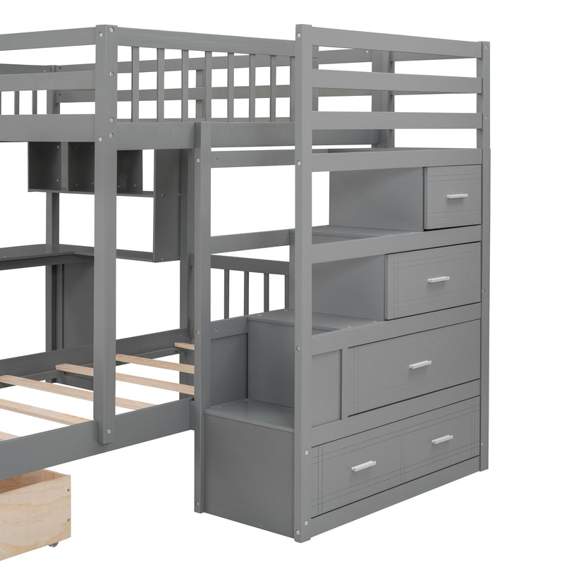 Fabletown Loft Full Over Twin Bunk Bed with Desk, Drawers, Stairs, and Integrated Dresser in Grey 98"L x 80"W x 64.5"H