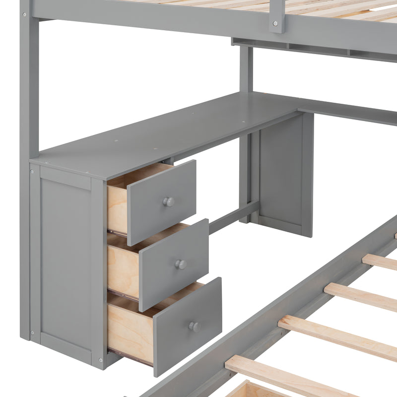 Fabletown Loft Full Over Twin Bunk Bed with Desk, Drawers, Stairs, and Integrated Dresser in Grey 98"L x 80"W x 64.5"H