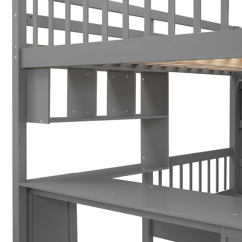 Fabletown Loft Full Over Twin Bunk Bed with Desk, Drawers, Stairs, and Integrated Dresser in Grey 98"L x 80"W x 64.5"H