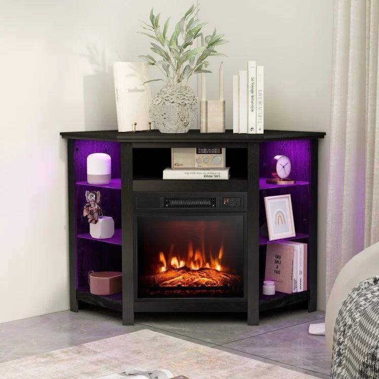 Gerrard Fireplace Black Corner TV Stand with LED Lights and Smart APP Control for up to 50" TVs