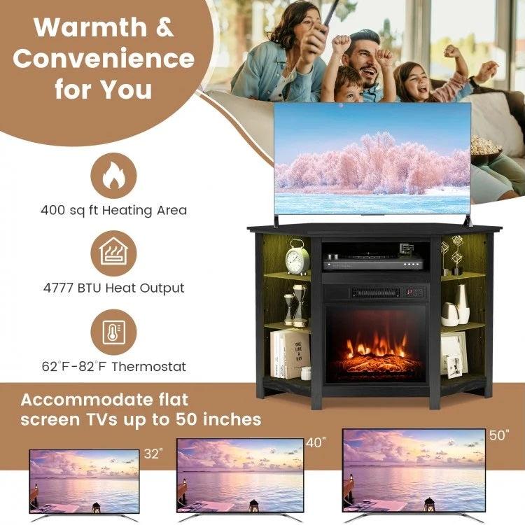 Gerrard Fireplace Black Corner TV Stand with LED Lights and Smart APP Control for up to 50" TVs