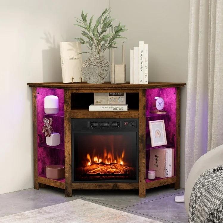 Gerrard Fireplace Rustic Brown Corner TV Stand with LED Lights and Smart APP Control for up to 50" TVs