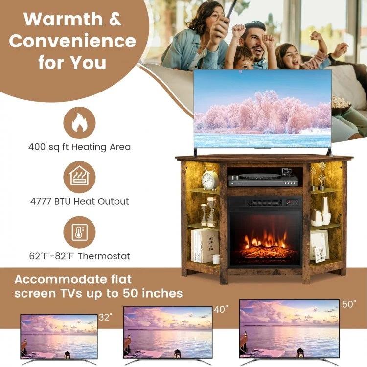 Gerrard Fireplace Rustic Brown Corner TV Stand with LED Lights and Smart APP Control for up to 50" TVs