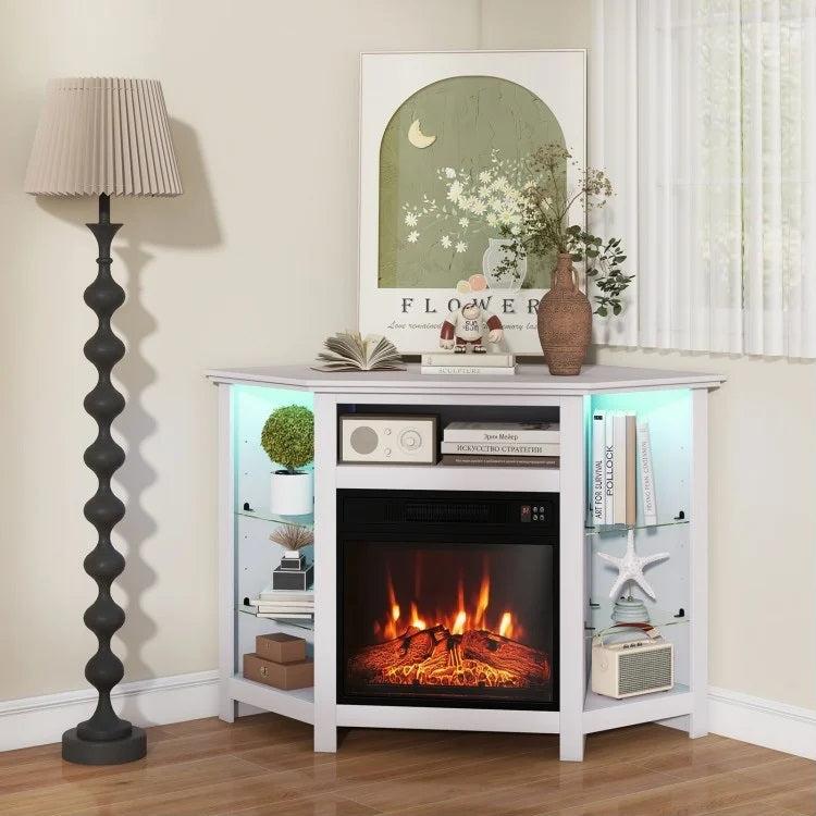 Gerrard Fireplace White Corner TV Stand with LED Lights and Smart APP Control for up to 50" TVs