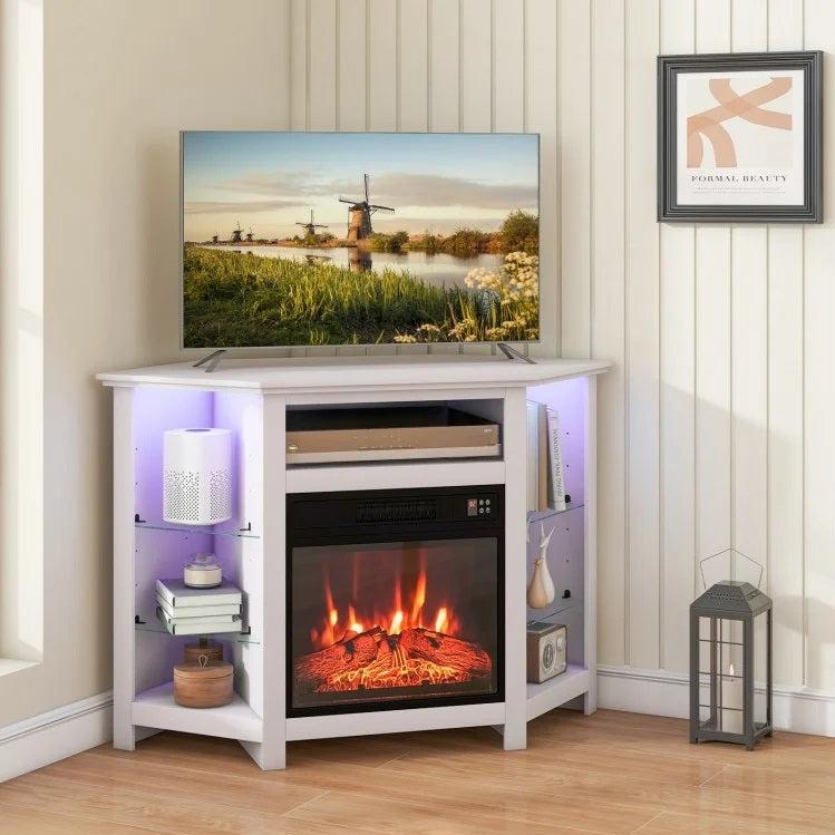 Gerrard Fireplace White Corner TV Stand with LED Lights and Smart APP Control for up to 50" TVs