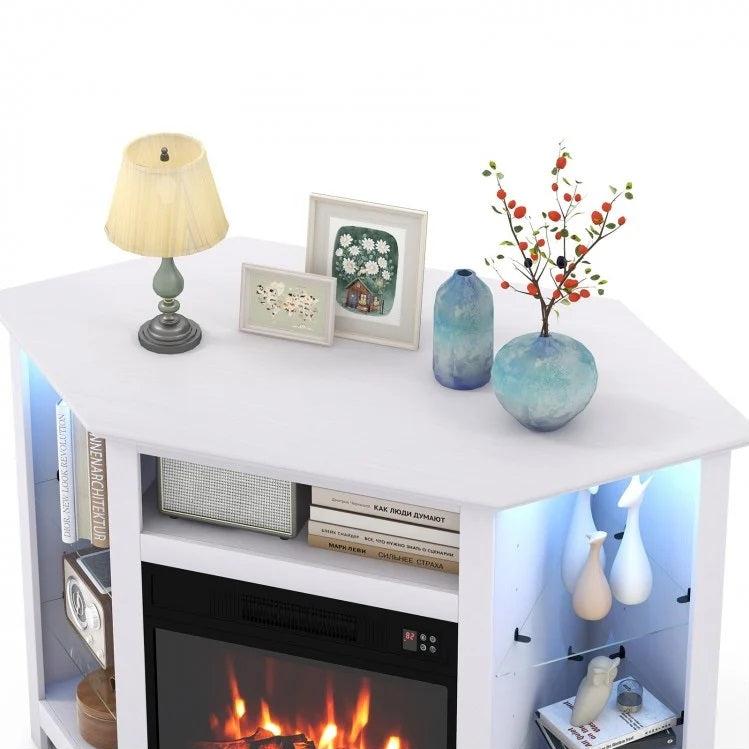 Gerrard Fireplace White Corner TV Stand with LED Lights and Smart APP Control for up to 50" TVs