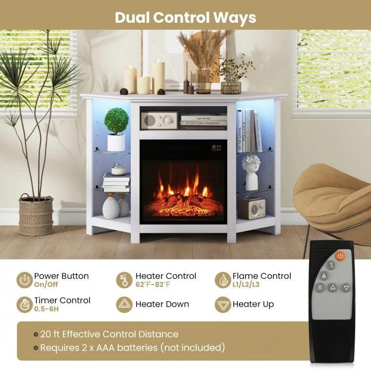 Gerrard Fireplace White Corner TV Stand with LED Lights and Smart APP Control for up to 50" TVs