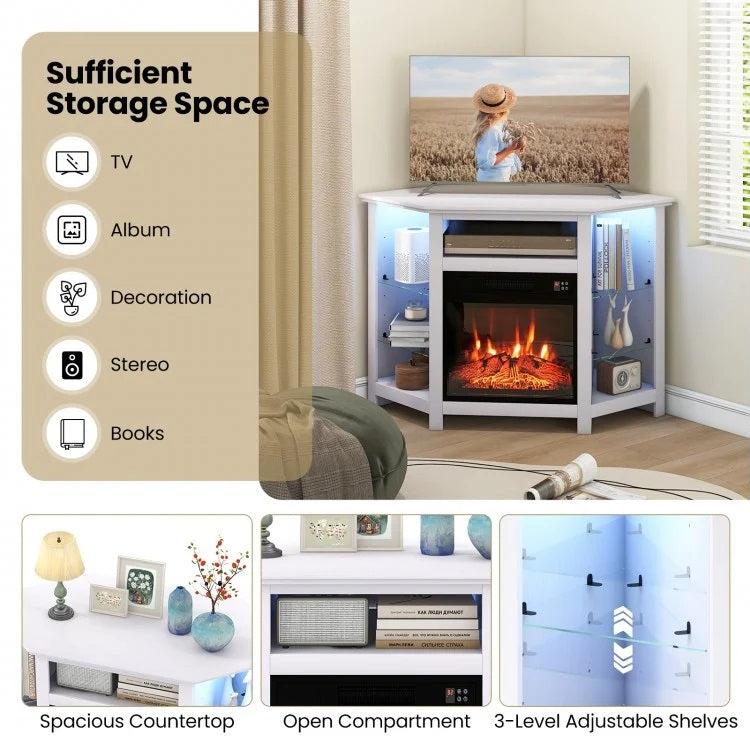 Gerrard Fireplace White Corner TV Stand with LED Lights and Smart APP Control for up to 50" TVs