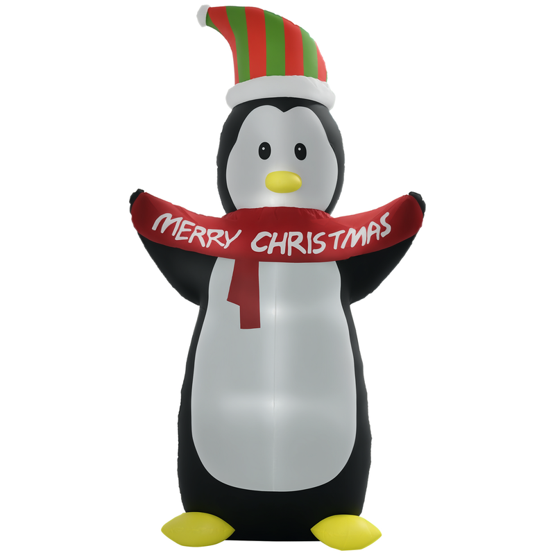 Giant Inflatable Christmas display  penguin wearing a Santa hat and 'Merry Christmas' scarf on a white background