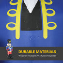 Blue raincoat with yellow buttons on a blue background, featuring durable materials text.