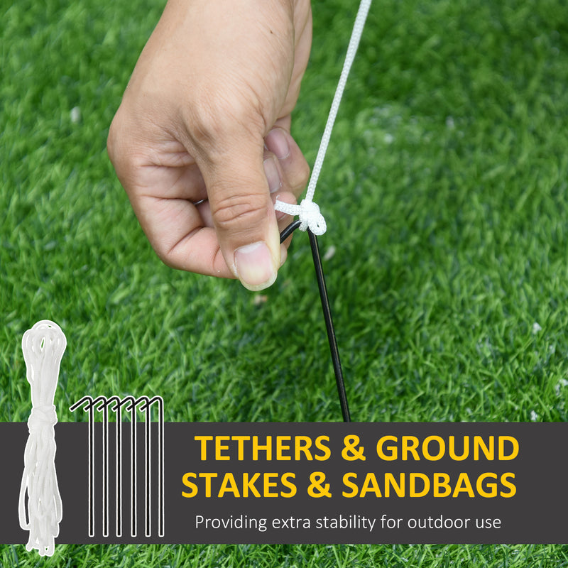 Hand tying a rope to a stake on grass with text about tethers, ground stakes, and sandbags.
