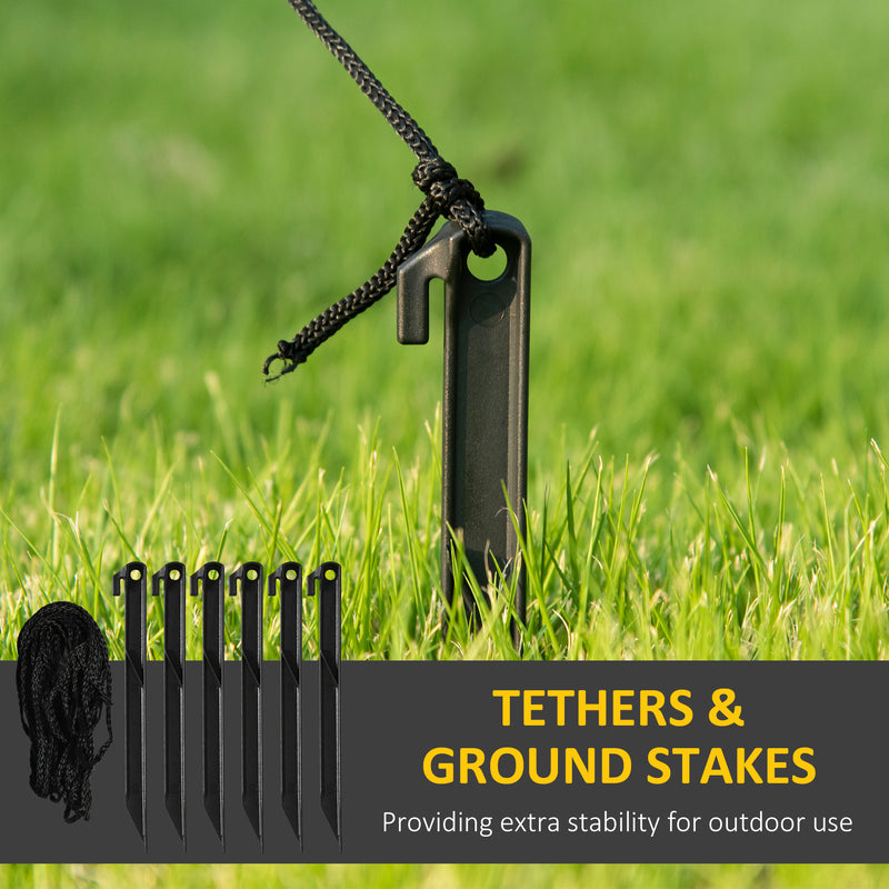 Ground stakes with tethers on grass with text 'Tethers & Ground Stakes' and 'Providing extra stability for outdoor use'.