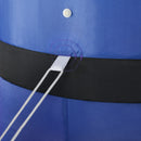 Close-up of a blue jacket with a black belt and white button.