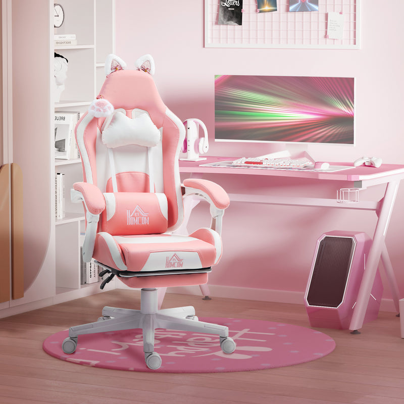 HOMCOM Cute Racing Gamer Chair, Faux Leather Gaming Chair with Footrest, Headrest and Lumbar Support, Pink White