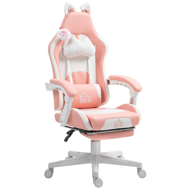 HOMCOM Cute Racing Gamer Chair, Faux Leather Gaming Chair with Footrest, Headrest and Lumbar Support, Pink White