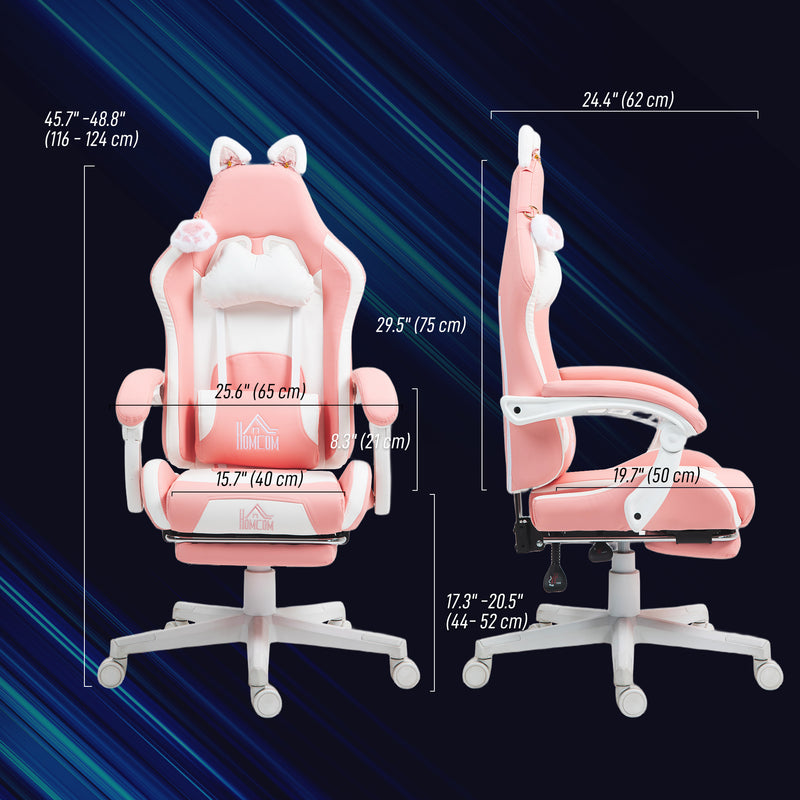 HOMCOM Cute Racing Gamer Chair, Faux Leather Gaming Chair with Footrest, Headrest and Lumbar Support, Pink White