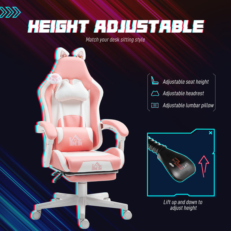 HOMCOM Cute Racing Gamer Chair, Faux Leather Gaming Chair with Footrest, Headrest and Lumbar Support, Pink White