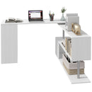 White L-shaped desk with office items on a white background
