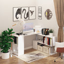 Modern home office with a white L-shaped desk, computer setup, and decorative elements.