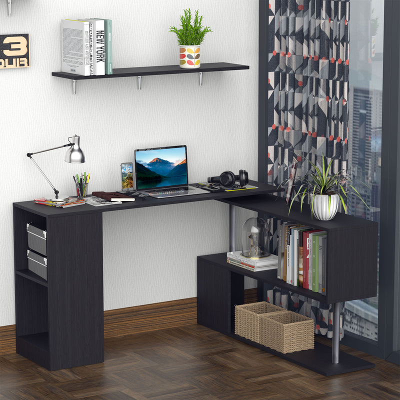 Black L-shaped desk with office items in a room with a cityscape view.