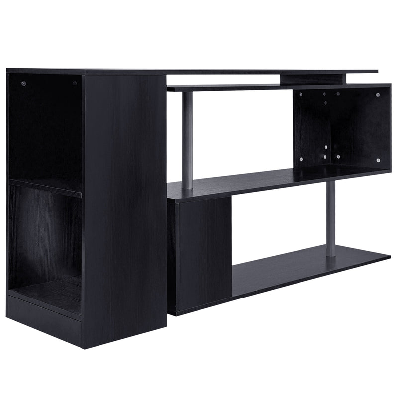Black computer desk with shelves on a white background