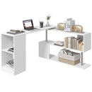 White L-shaped desk with office items on a white background