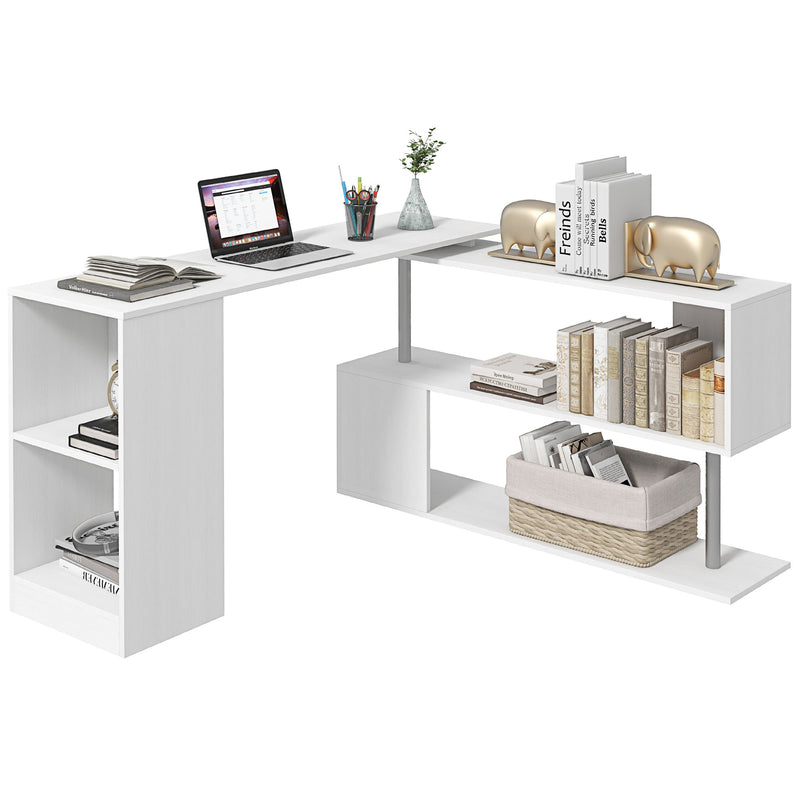 White L-shaped desk with office items on a white background