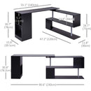 Black L-shaped desk with dimensions labeled on a white background