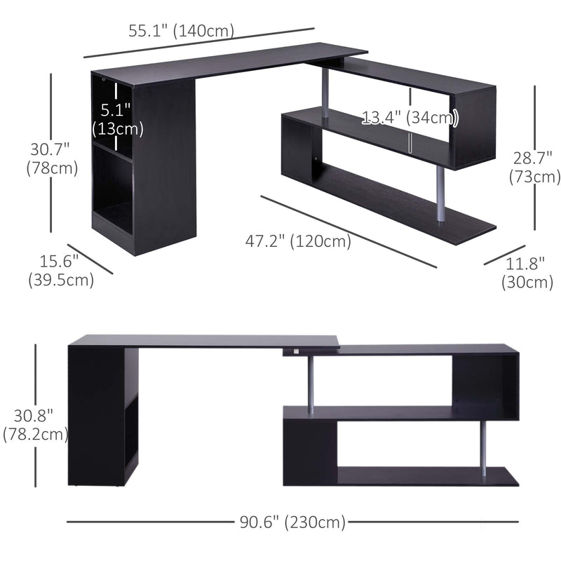 Black L-shaped desk with dimensions labeled on a white background