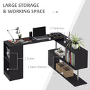 Black L-shaped desk with various items and labeled storage compartments on a white background.