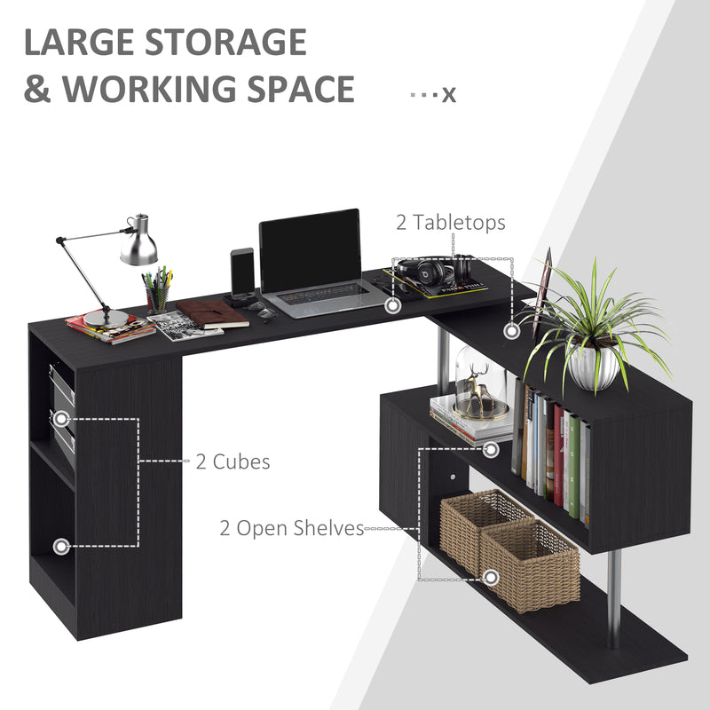 Black L-shaped desk with various items and labeled storage compartments on a white background.
