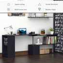 Black L-shaped desk with shelves and decor in a room setting