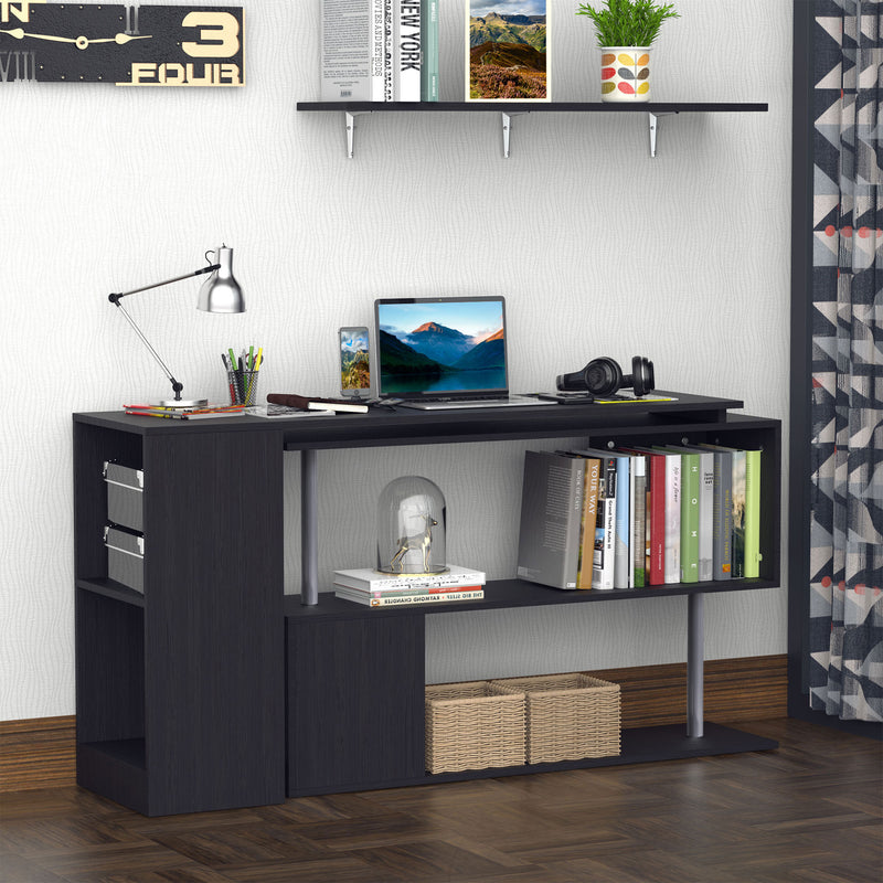 Black office desk with shelves and a laptop in a room setting.