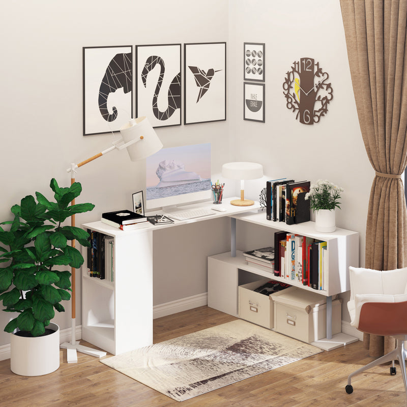 Modern home office with a white L-shaped desk, computer setup, and decorative elements.