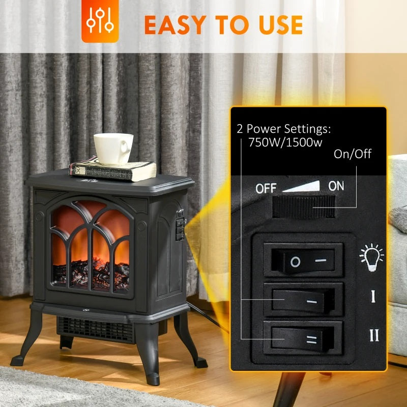 Hartly 15" Black Stove Like Electric Fireplace Heater with Realistic Log and 750/1500W Heater