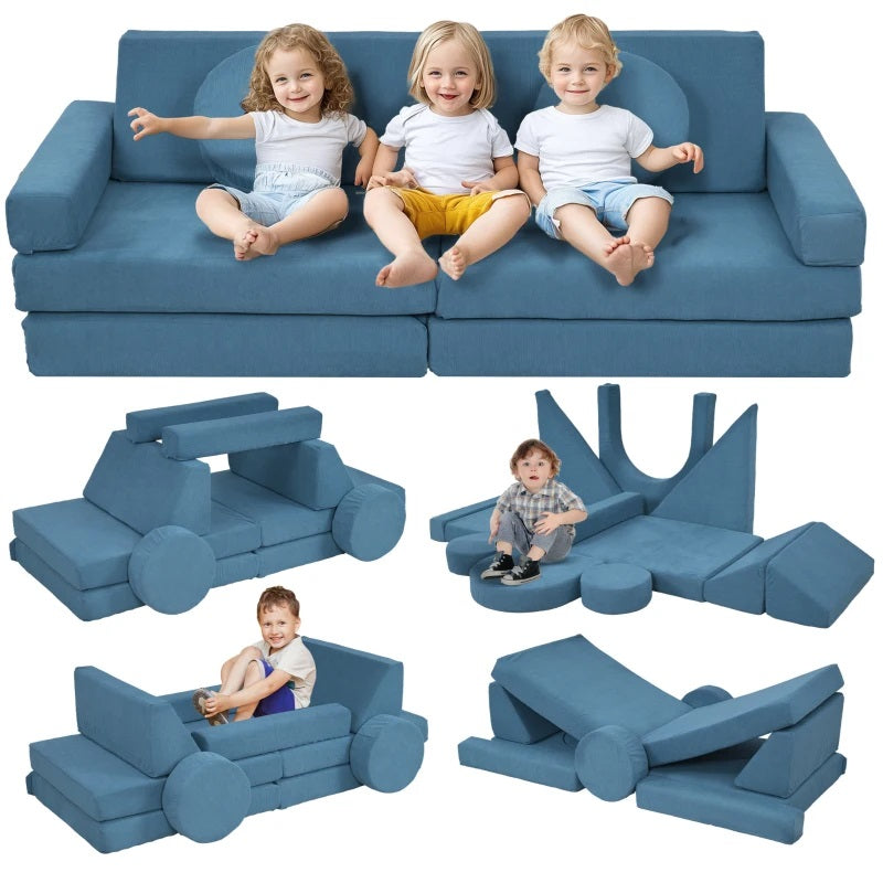 Create-a-Couch 12-Piece Convertible Fort Building Play Couch for Kids - Blue