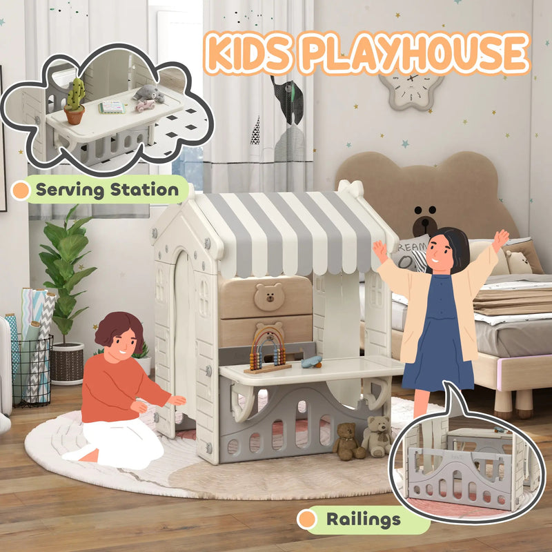 Kids Indoor Playhouse Playset with Canopy and Market Window for Ages 1-6 Years