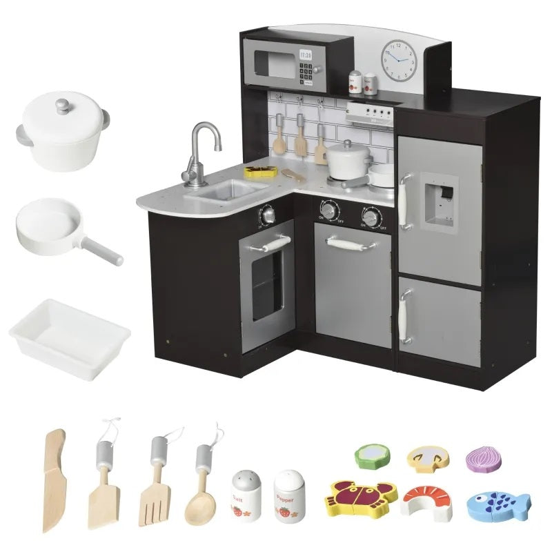 Kids Modern Kitchen Corner Kitchen Playset with Fridge, Stove and Cookware - Dark Brown